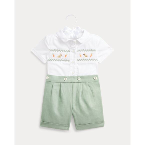 NWT Ralph Lauren Smocked Cotton Shirt & Linen Short Set Sz 24 months - Picture 1 of 10